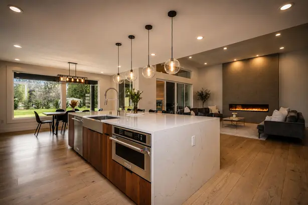 Open-concept kitchen with waterfall island, pendant lighting, and a view into the living room