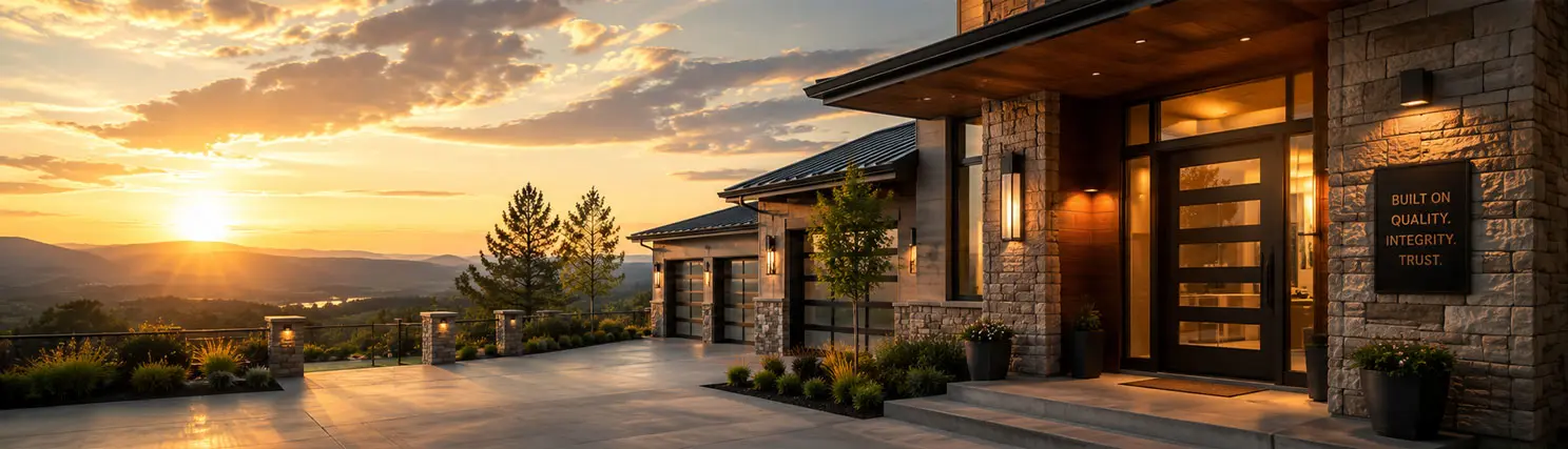 Modern stone-and-timber home exterior with a welcoming lit entry at golden hour