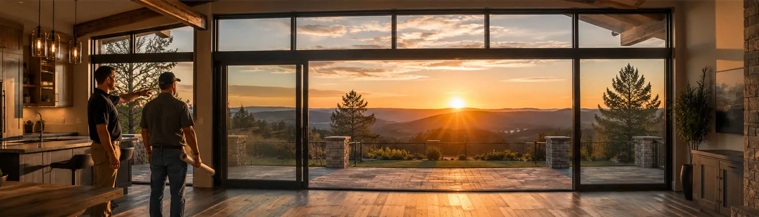 Contractor and homeowner reviewing plans in front of a mountain-view sunset