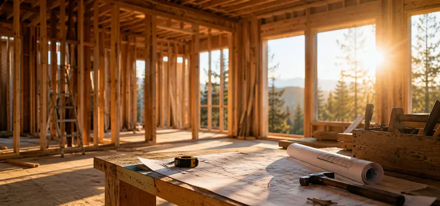 Sunlit home under construction with framed walls, large windows, and a blueprint-covered workbench