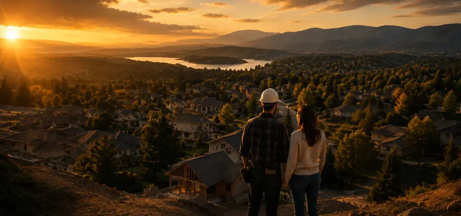 Contractor and homeowner overlooking a residential neighborhood at sunset