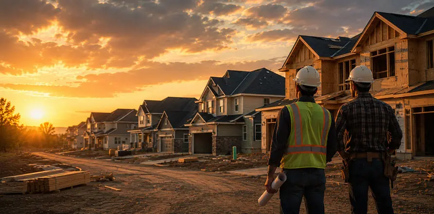 Two contractors in hard hats reviewing a residential construction site at sunset