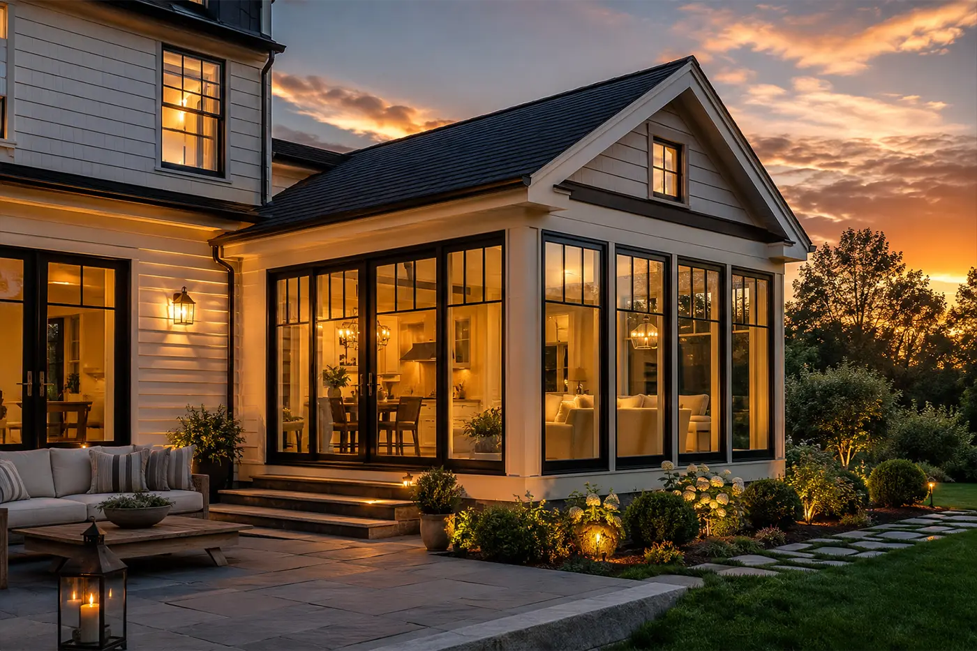 Finished glass-walled home addition with a lit great room, viewed from the backyard patio at dusk