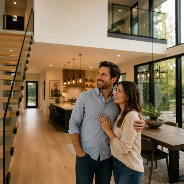Smiling homeowner couple admiring their finished open-concept living space